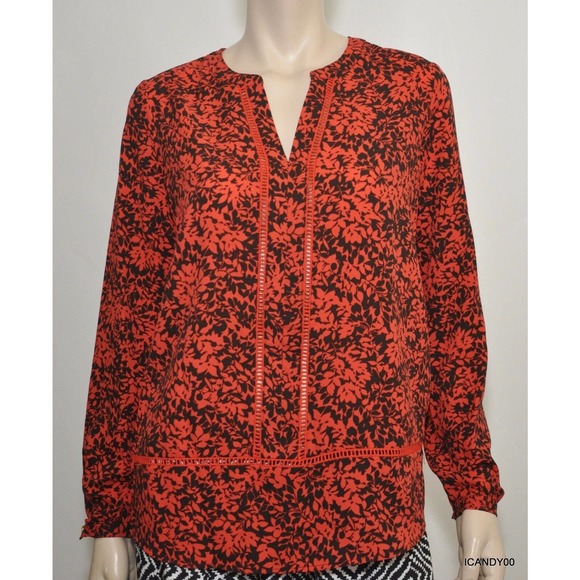 Michael Kors Split Neck Blouse Shirt Top Tunic Coral Reef Red/Black S Nwt $99 - Picture 2 of 10